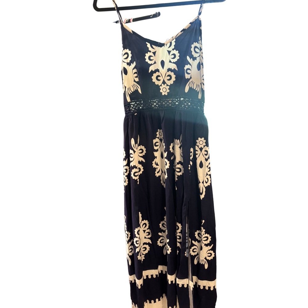 Cupshe Navy and Cream Patterned Smocked Dress Boho Small New